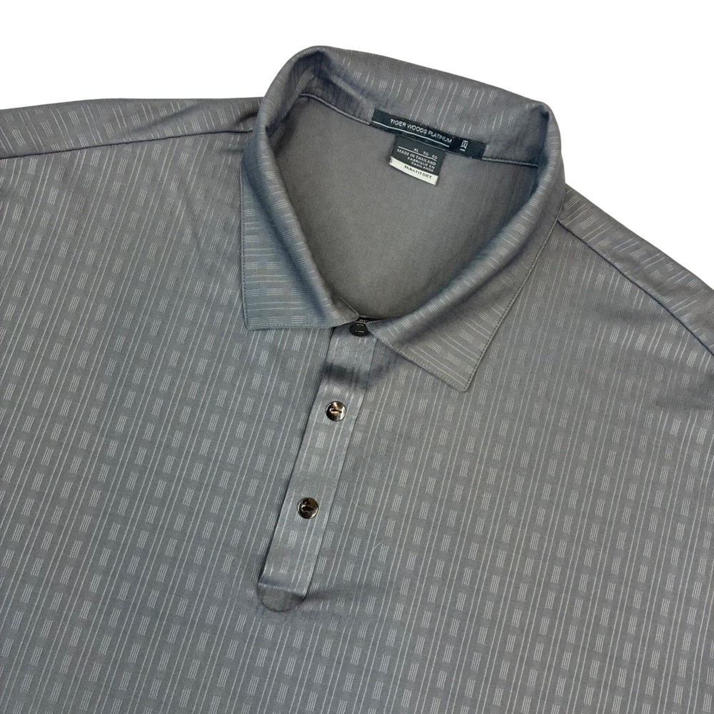 Nike Tiger Woods Platinum Polo Men XL Grey Geometric Textured Golf Shirt Fit Dry